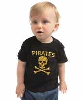 Carnaval piraten t shirt verkleedkleding zwart voor baby jongen meisje met gouden glitter bedrukking