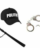 Verkleed politie agent pet cap zwart met knuppel en handboeien voor kinderen